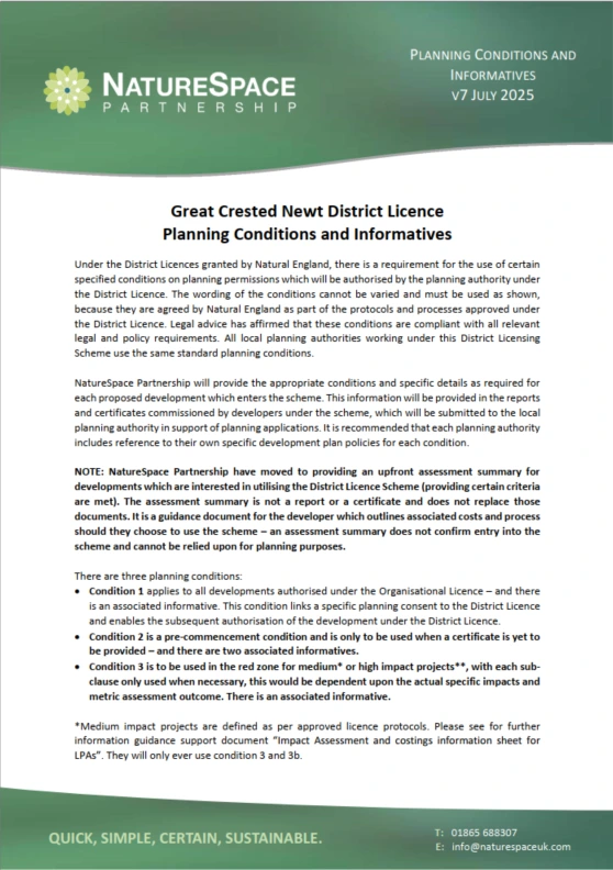 Great Crested Newt District Licence Planning Conditions and Informatives – Cover
