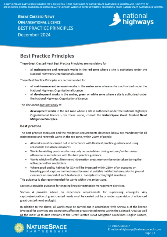 Great Crested Newt Organisational Licence Best Practice Principles – Cover
